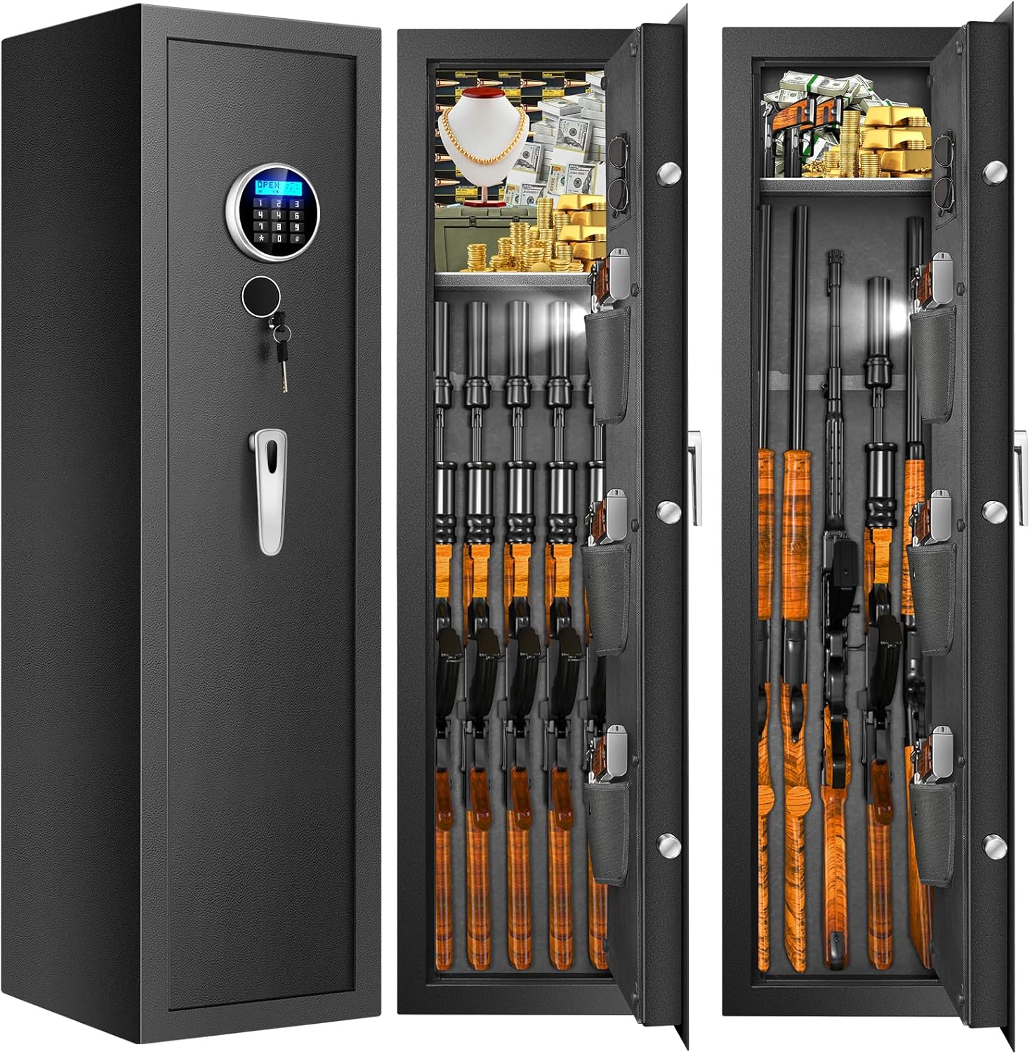 Fireproof Gun Safes for Home Rifle and Pistols, Heavy Duty Anti-Theft Long Gun Safes for Rifles and Shotguns with 3 Pistol Pockets