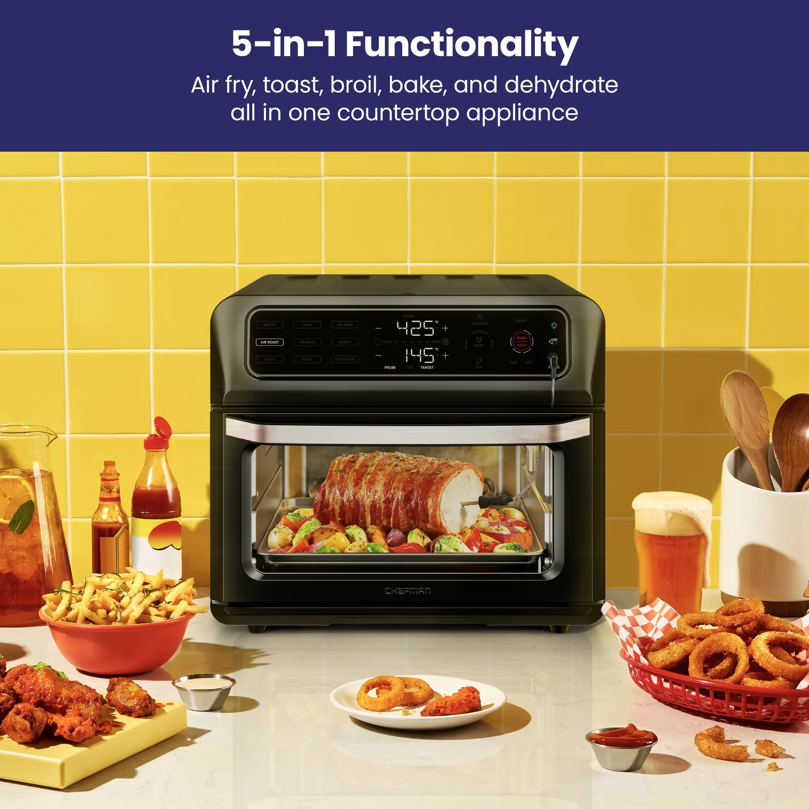 Chefman 12-in-1 Air Fryer Oven Combo w/ Probe Thermometer, 20 Qt Capacity - Black Stainless Steel, New
