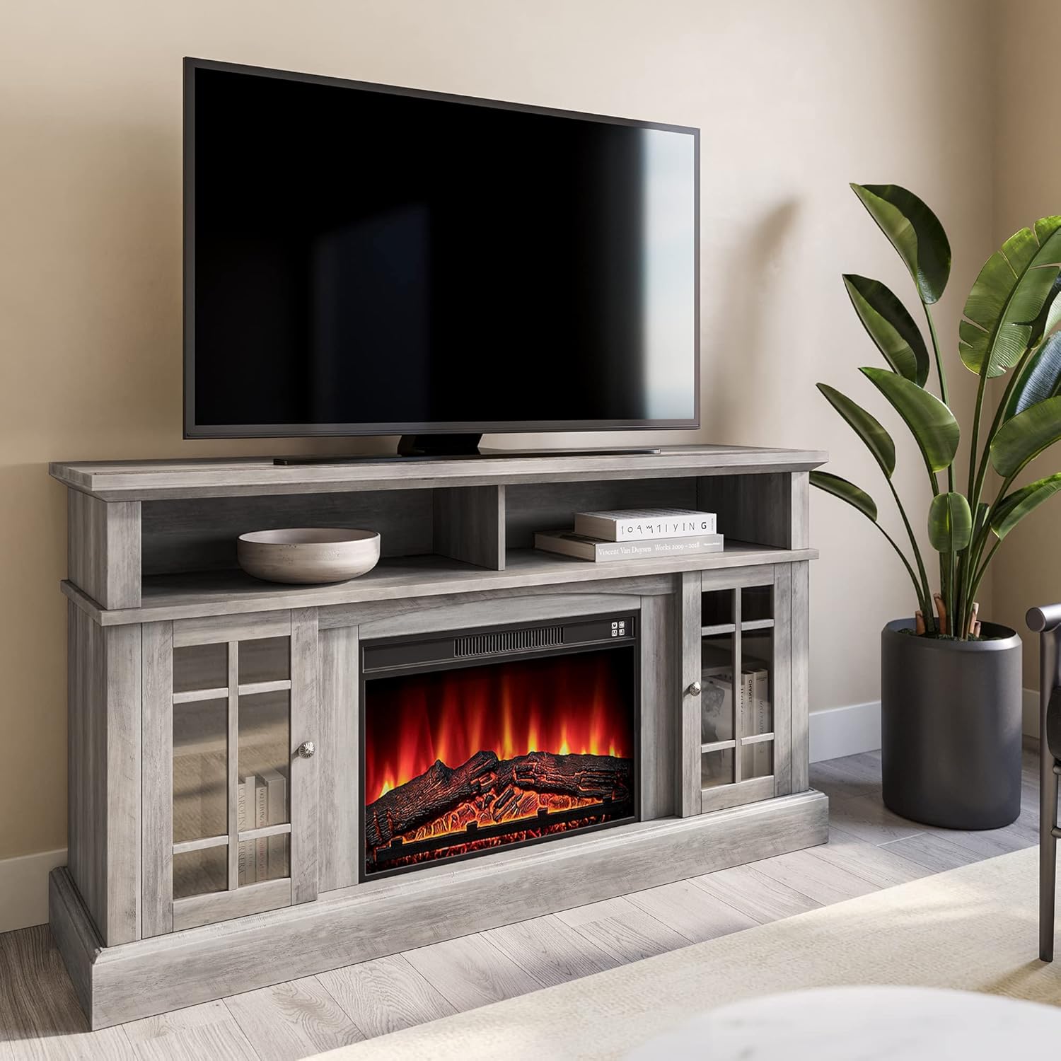 BELLEZE Traditional 58 Inch Rustic Electric Fireplace TV Stand & Media Entertainment Center Console Table for TVs up to 65 Inches with Open Storage