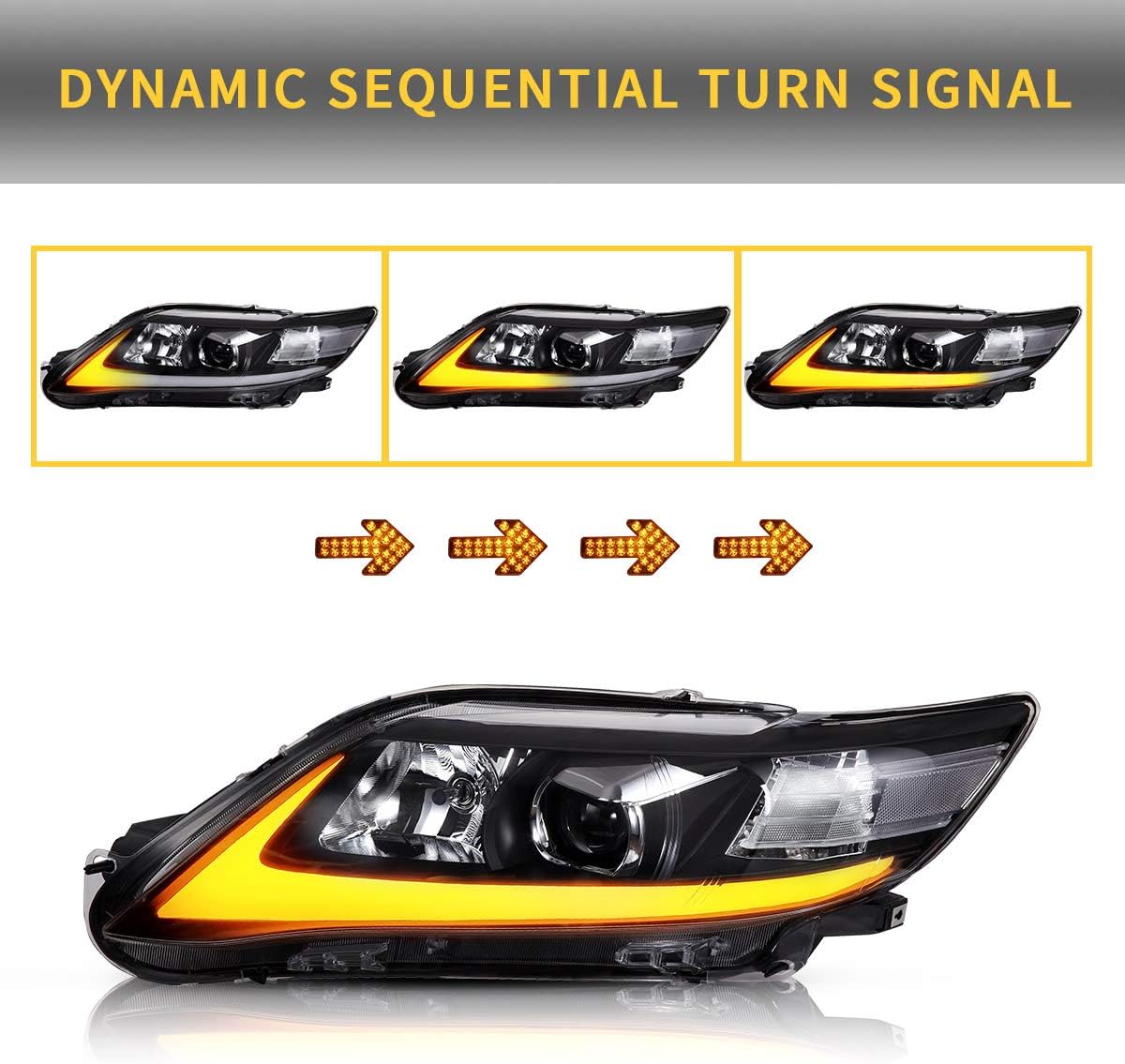 YUANZHENG LED Projector Headlights Compatible for [Toyota Camry 2010 2011] with Sequential Turn Signal DRL LED Light Bars