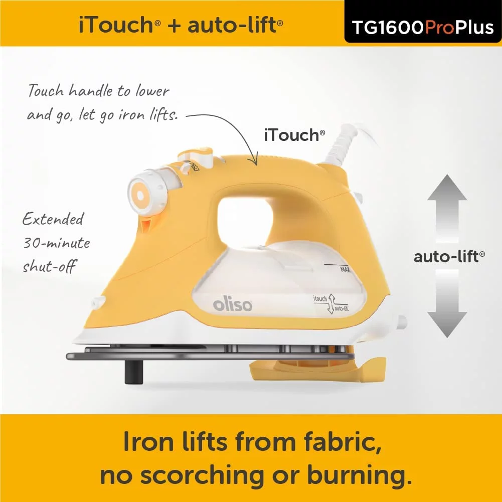 Oliso TG1600 Pro Plus 1800 Watt Smart Iron with Auto Lift Sewing Crafting Ironing Steam Iron, Yellow