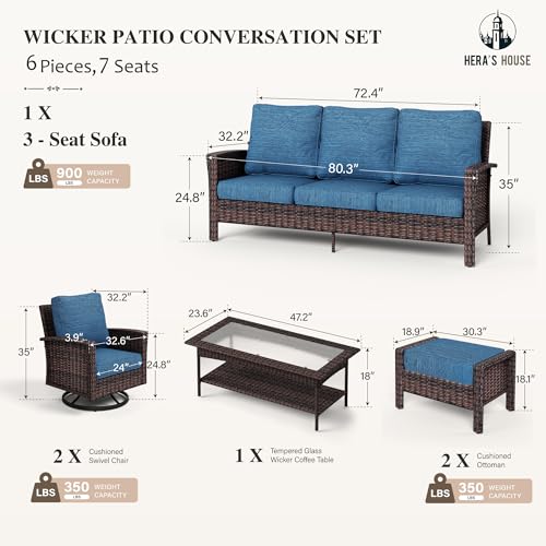 HERA'S HOUSE High Back Patio Furniture Set with Swivel Chairs, Outdoor Wicker Conversation Sets with 5.5" Comfy Cushions, 4 Piece Outside Sofa Sets