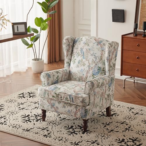 MELLCOM Floral Accent Chair, High Back Upholstered Armchair with Solid Legs, Leisure Single Sofa Chair for Living Room, Bedroom, Home Office