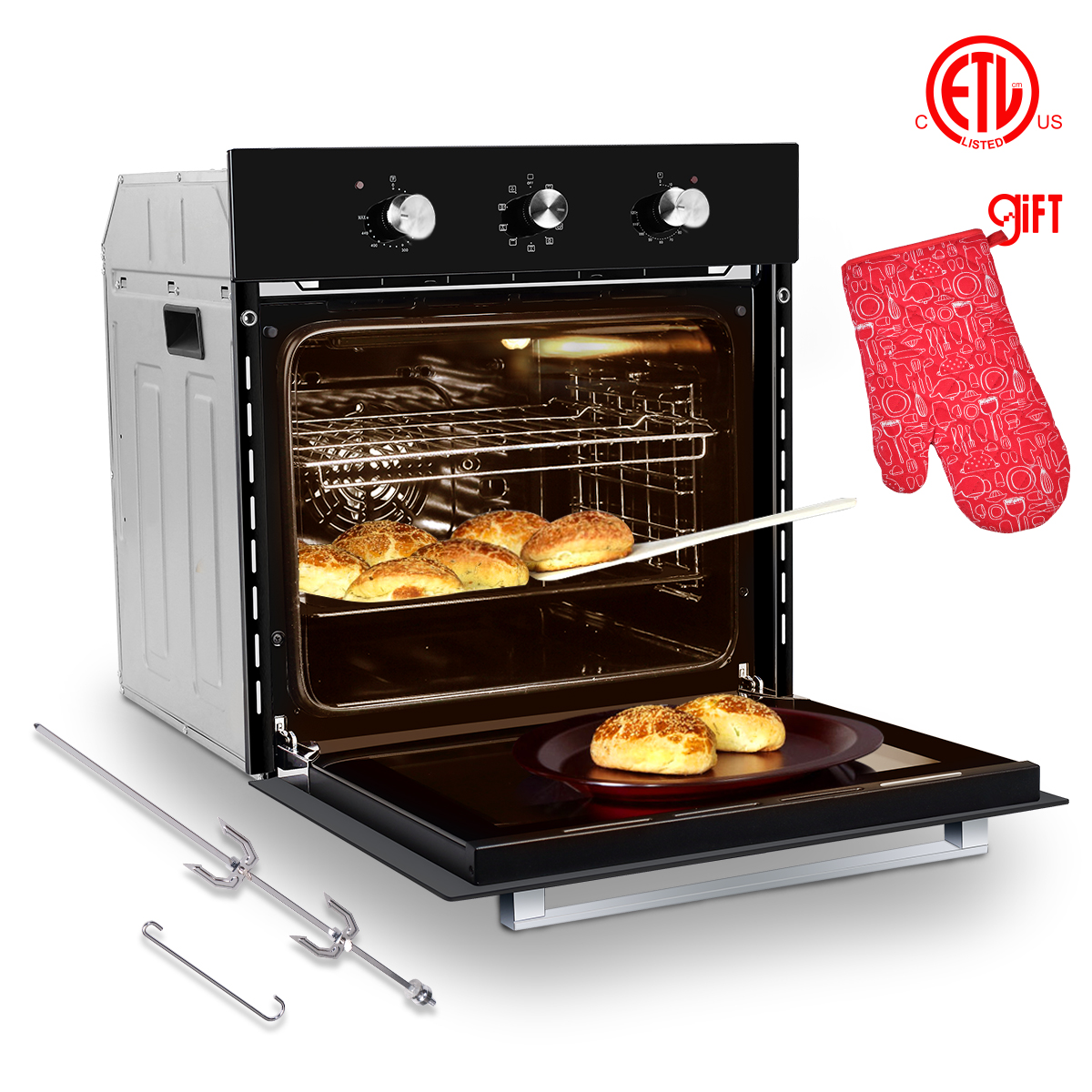 Gasland Chef ES609MB 24" Built-in Electric Wall Oven, 240V 3200W 2.3Cu.f Convection Wall Oven with Rotisserie, 9 Cooking Modes