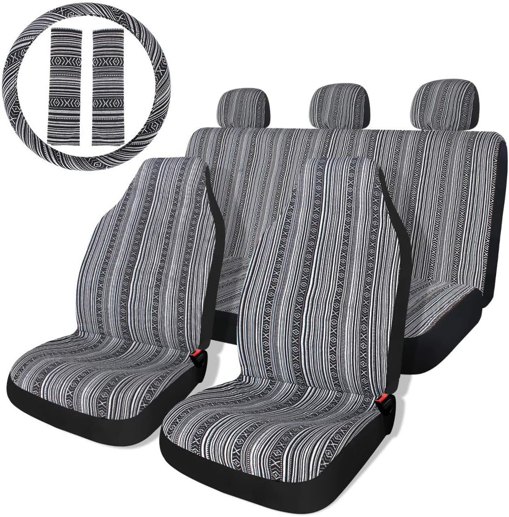 Copap Car Seat Covers Beige Baja Blanket Woven Seat Cover Boho Ethnic Tribal Style Fit for Sedan Cars & Vans with 15 Steering Wheel Cover