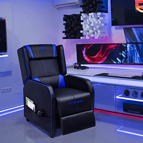 Vitesse Gaming Recliner Chair Racing Style Single Ergonomic Lounge Sofa Modern PU Leather Reclining Home Theater Seat for Living Gaming Room (Blue)
