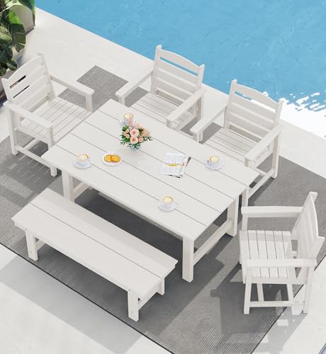 SERWALL Outdoor HDPE Dining Table Set, 7-Piece Outdoor Dining Table Sets with Umbrella Hole Cut-Out Table and 6 Chairs, Gray