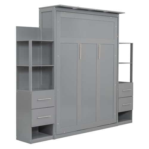 Full Size Murphy Bed with Drawers, Cabinets and USB Ports,Wood Murphy Bed Cabinet Bed Removable Shelves