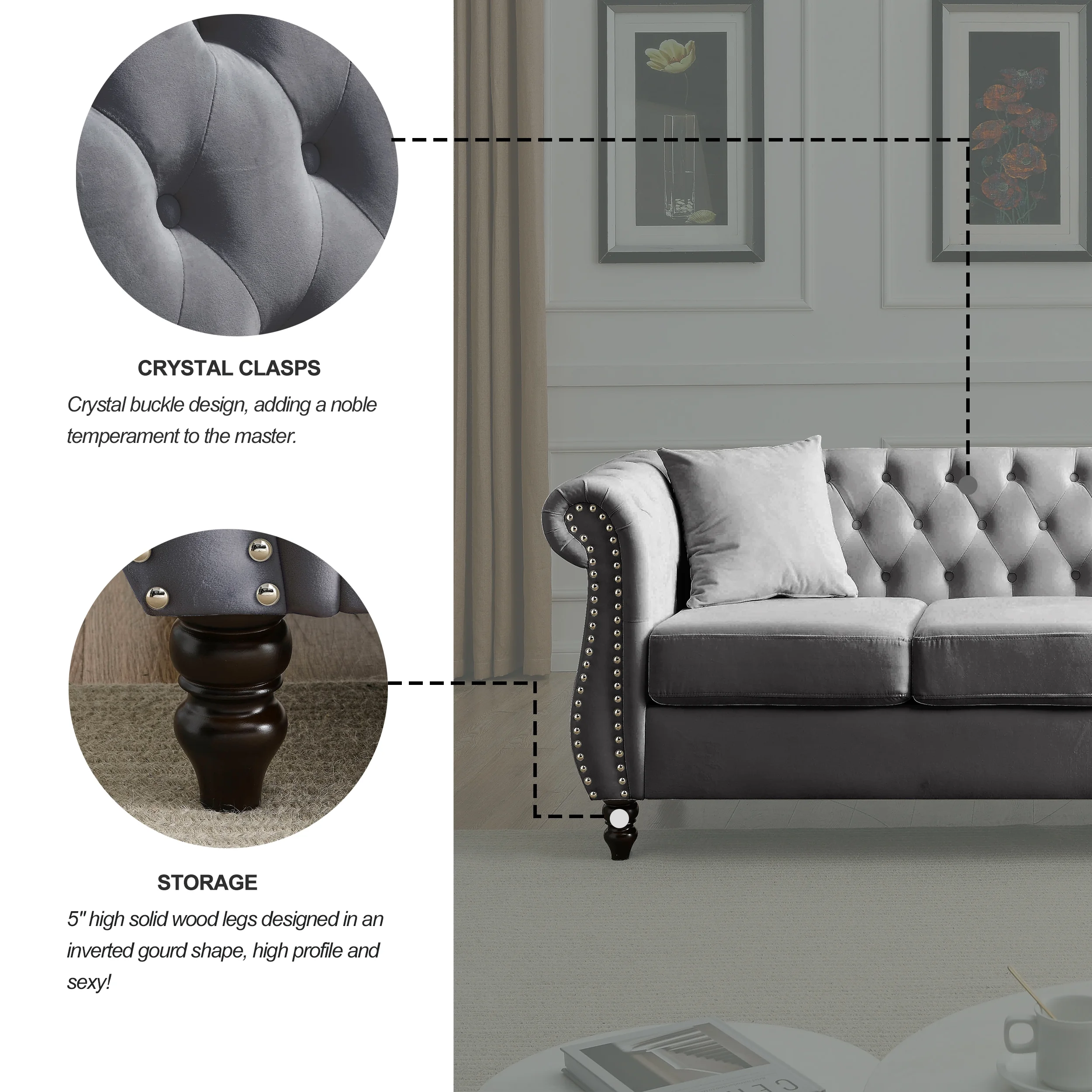 Ufurpie 80" 3-Seater Velvet Chesterfield Sofa with 2 Pillows,Tufted Couch with Rolled Arms and Nailhead,for Living Room,Bedroom,Office,Apartment,Gray