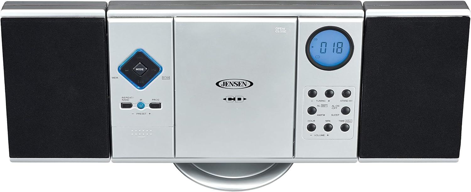 Jensen Modern Black Series JMC-180 Silver Wall Mountable Vertical Loading CD Music System, Digital AM/FM Stereo with Speakers, Aux-in