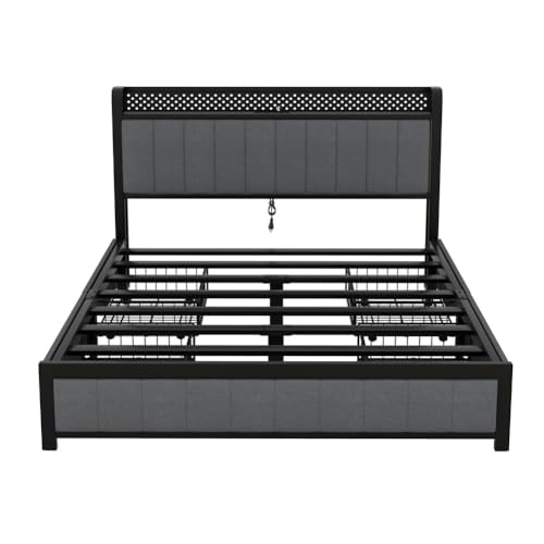 Queen Bed Frame, LED Bed Frame Queen Size with LED Headboard and 4 Storage Drawers, Upholstered Platform Bed with USB Port Sockets