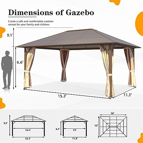 YOLENY 10'x13' Hardtop Gazebo, Outdoor Polycarbonate Double Roof Canopy, Aluminum Frame Permanent Pavilion with Curtains and Netting