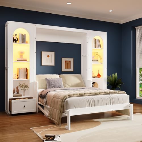 Merax Queen Size Murphy Bed, Wooden Queen Murphy Bed Wall Bed with Sofa and Cushion, for Home Office or Small Room, White