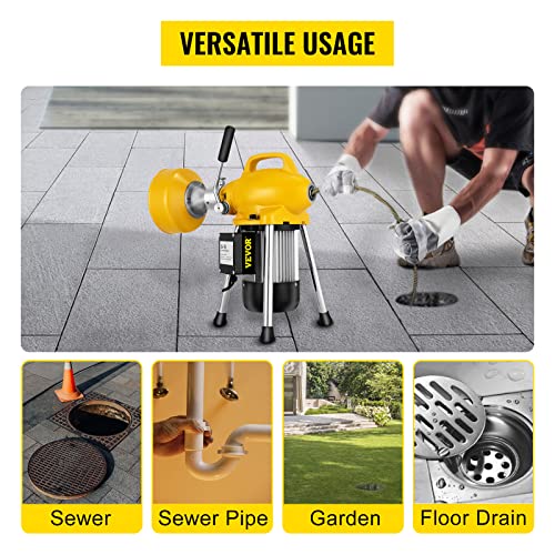 VEVOR 66 Ft x2/3 Cleaner Machine Electric Drain Auger with 2 Cables for 3/4" to 4" Pipes Power Spin with Autofeed Function & 6 Cutters