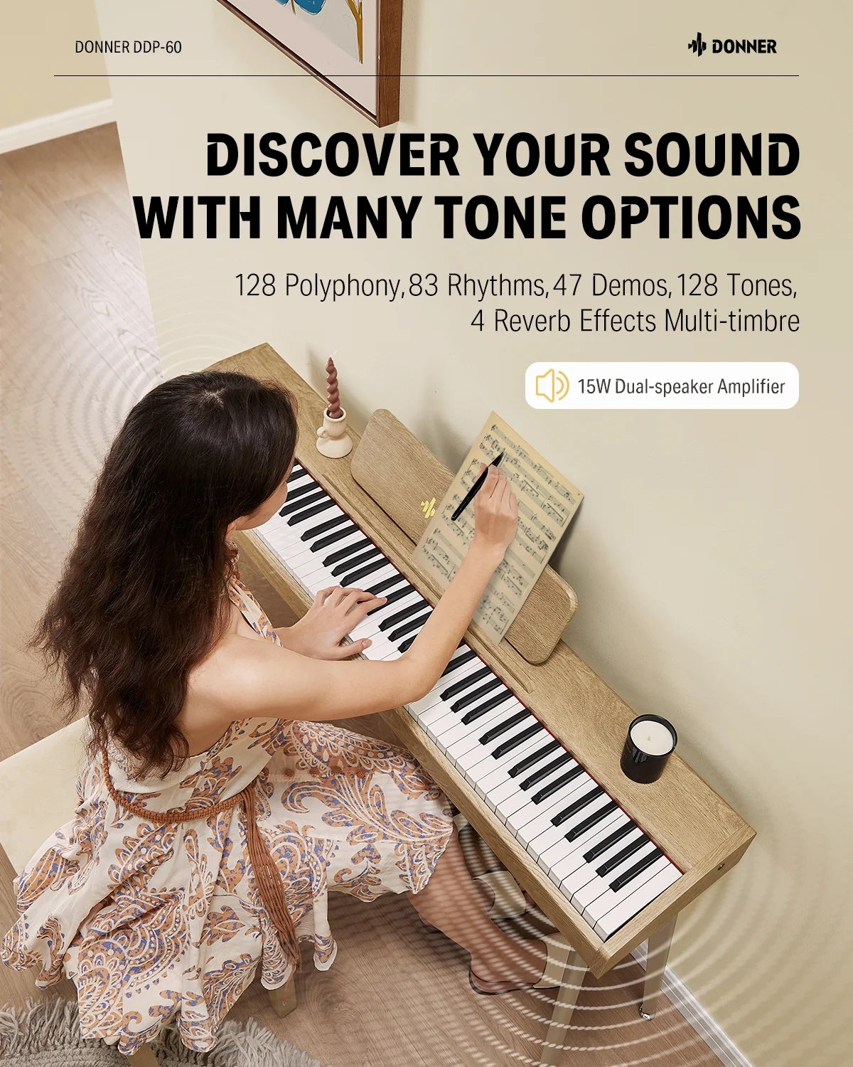 Donner DDP-60 88 Key Digital Piano Electric Keyboard with Speakers, 128 Voices, 83 Rhythms, 4 Reverb Effects, Light Wood