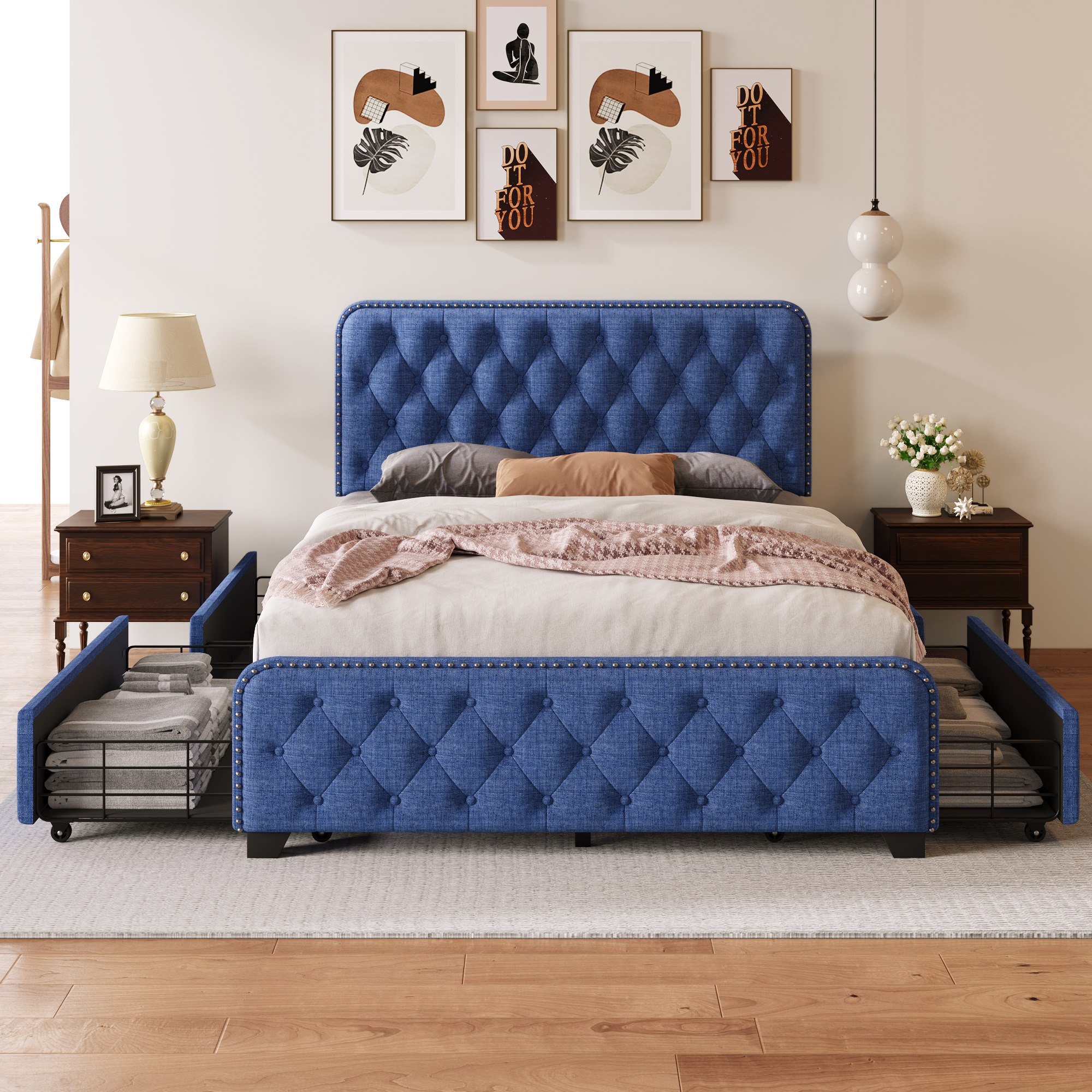 Upholstered Platform Bed Frame with Four Drawers, Button Tufted Headboard and Footboard Sturdy Metal Support, No Box Spring Required, Blue