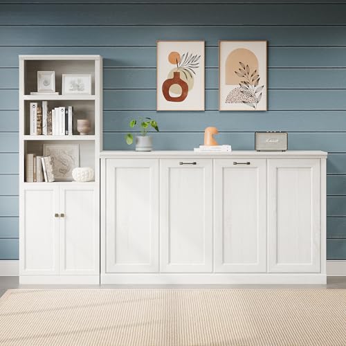 SOFTSEA Twin Size Murphy Bed with 2 Side Cabinet Storage Shelf, Horizontal Murphy Bed with Bookcase