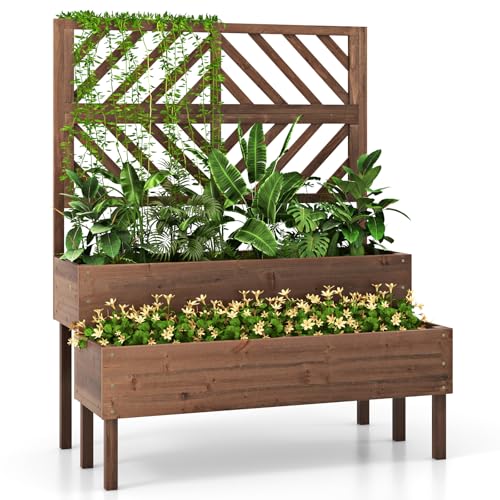 Raised Garden Bed with Trellis & 2 Planter Boxes, 2-Tier Outdoor Wooden Elevated Planter Box with Legs & Drainage Holes