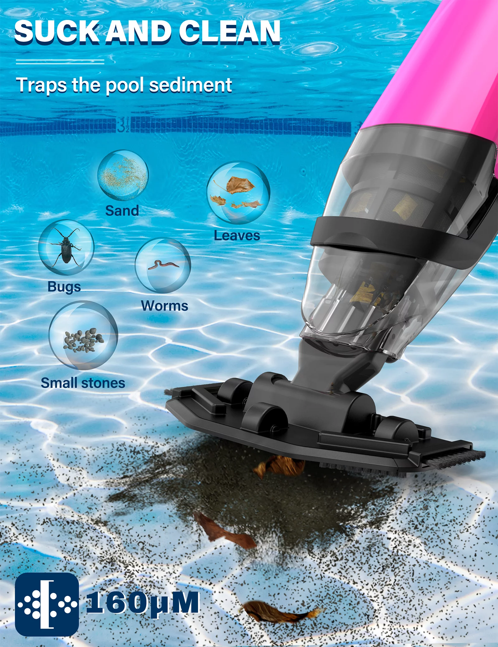 Efurden Cordless Pool Vacuum, Handheld Pool Vacuum with Running Time up to 60-Minutes for Above Ground Pools, Spas and Hot Tubs,Pink