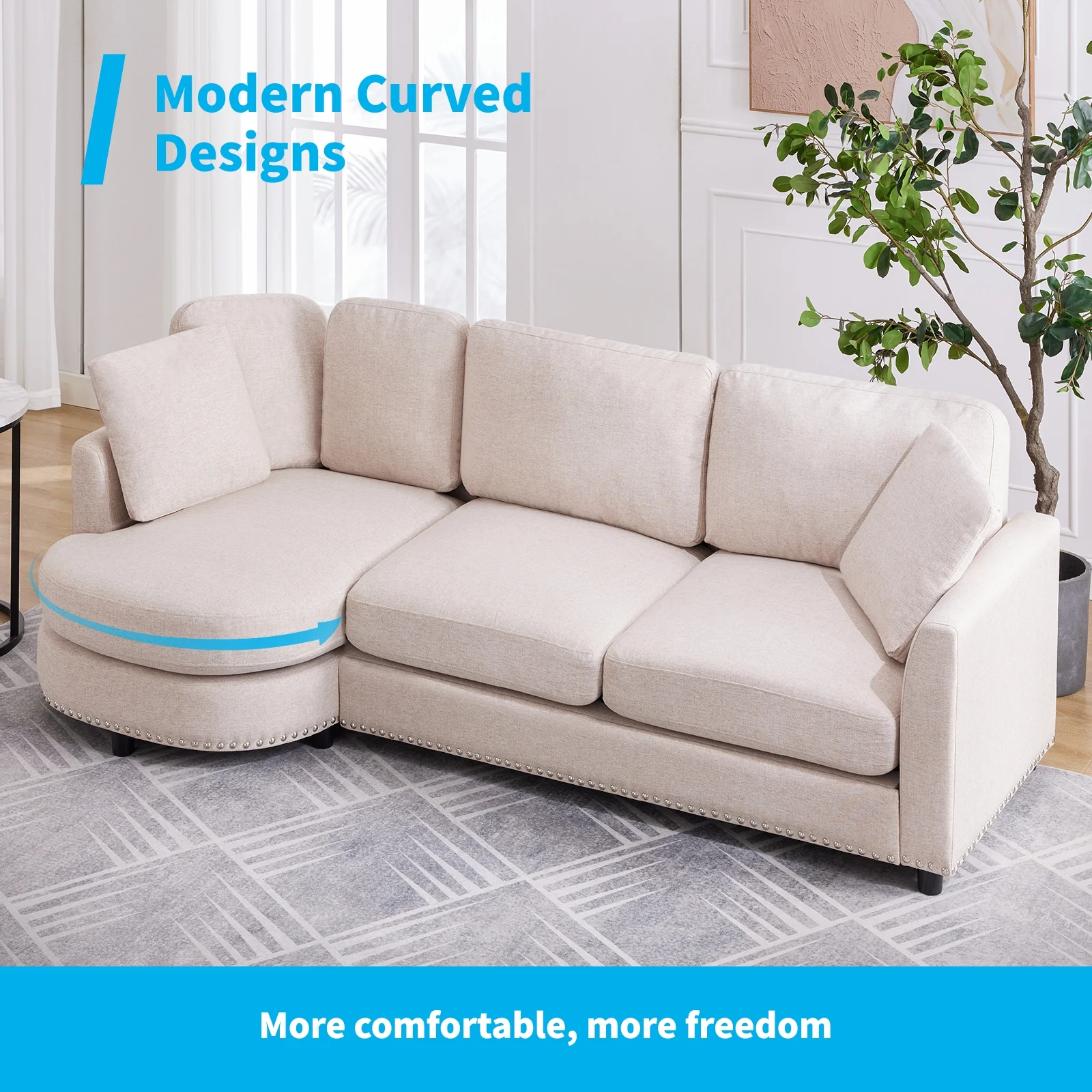 Mjkone Curved Secrional Sofa, L Shaped 3-Seat Couch with Right Side Chaise, Luxury Upholstered Couch with Lumbar Support Throw Pillows