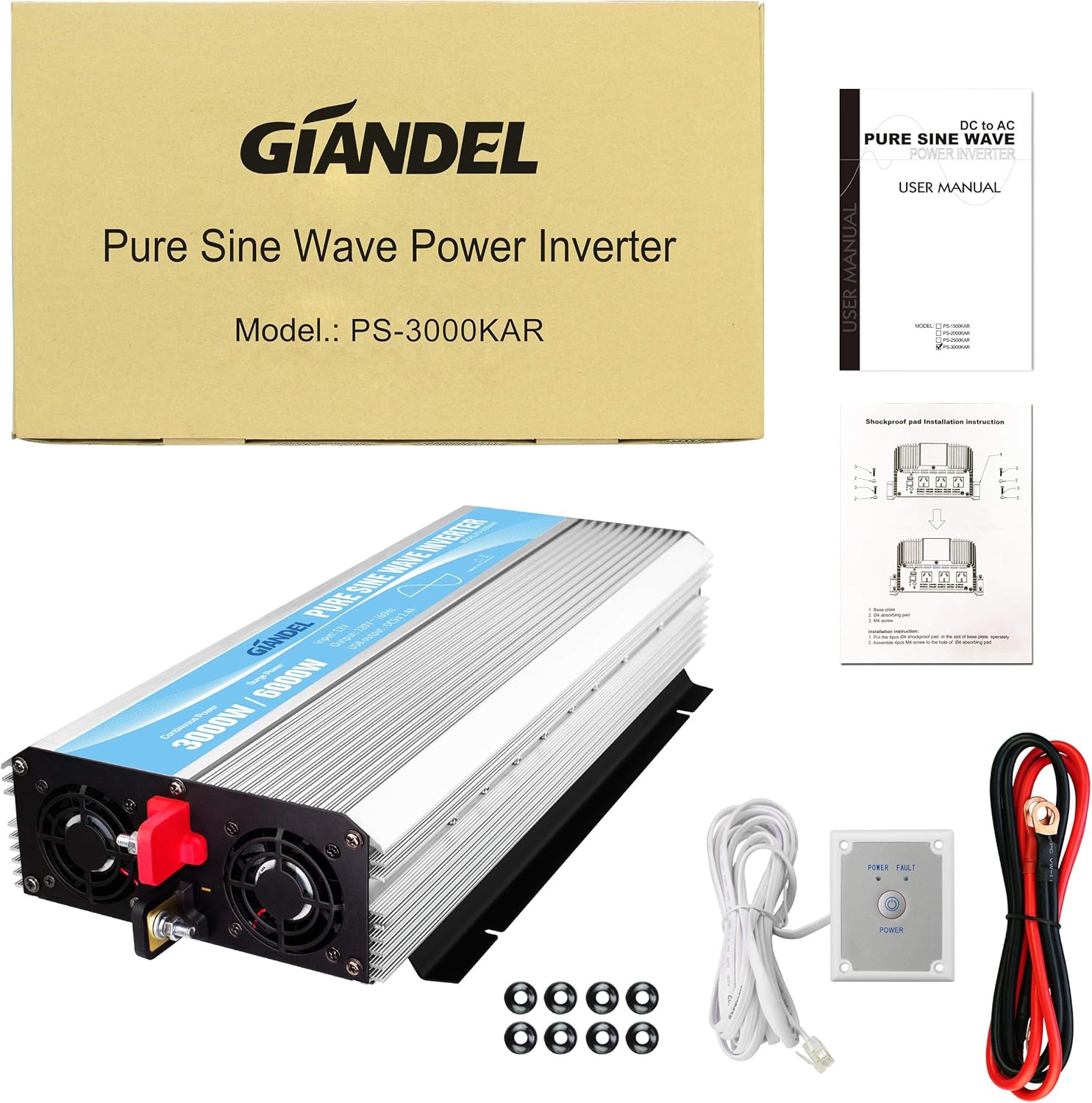 24V Pure Sine Wave Power Inverter 3000Watt DC 24V to AC120V with Dual AC Outlets with Remote Control 2.4A USB and LED Display