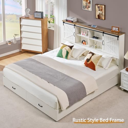 VanAcc Full Size Bed Frame, Wooden Platform Storage Bed with 51.2" Bookcase Headboard, 2 Drawers