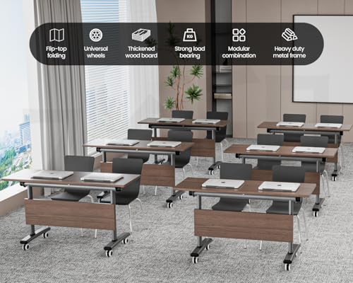 Commercial-Grade Flip-Top Folding Conference Table with Lockable Wheels - Heavy-Duty Mobile Steel Frame Desk for Office, Classroom, Event