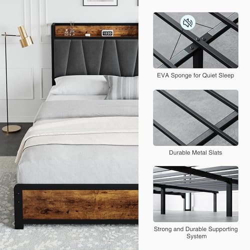 GAOMON Full Size Bed Frame with 4 Storage Drawers and Linen Upholstered Headboard, Full Platform Bed Frame with Charging Station