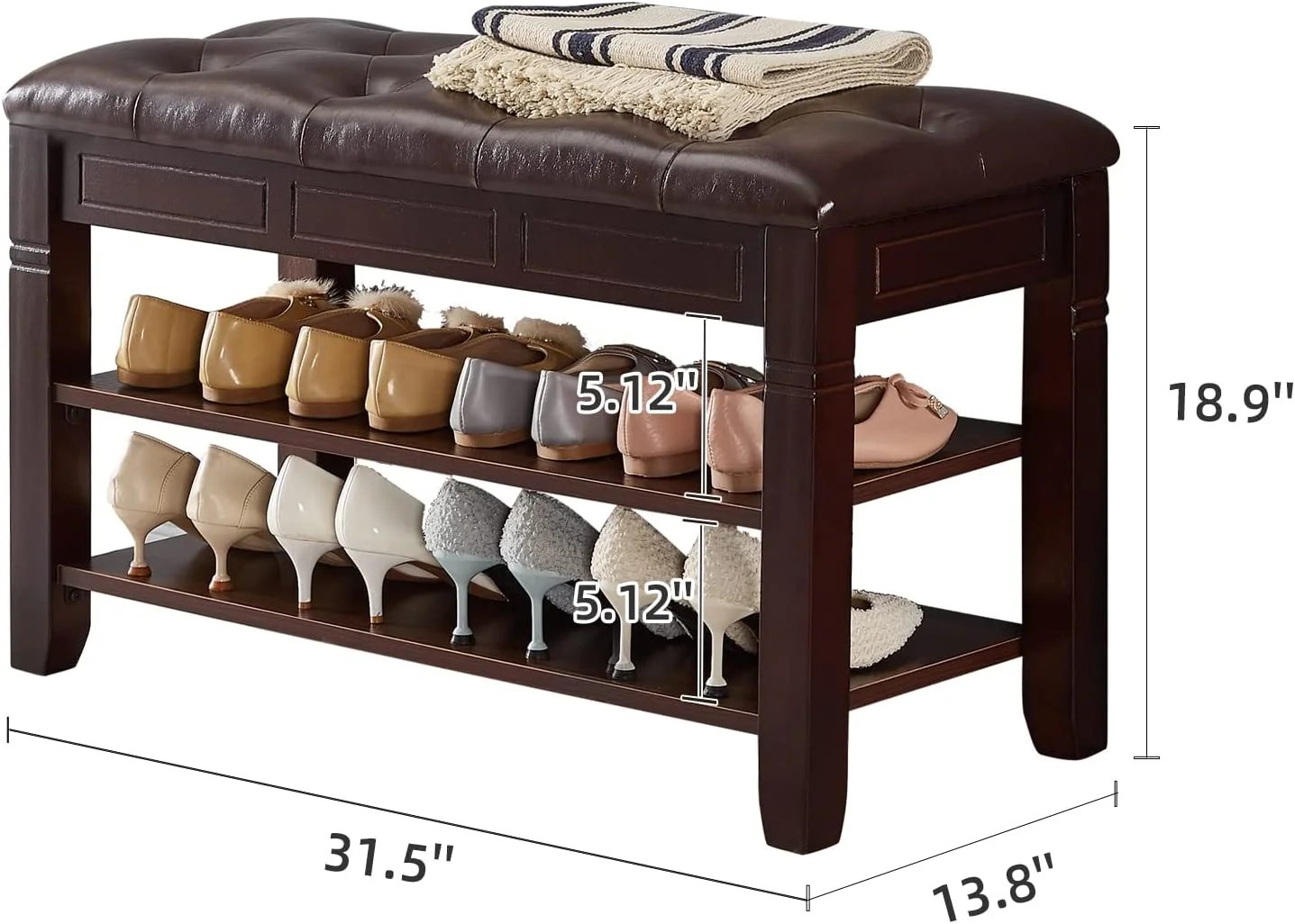 Shoe Storage Bench with Cushion, Entry Bench with Storage Solid Wood Shoe Bench Ideal for Entryway Living Room and Corridor (Brown, 31.5'')