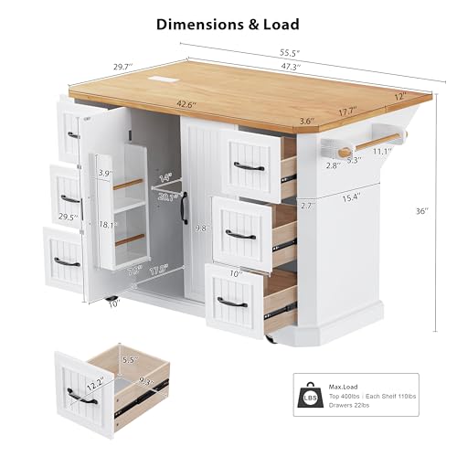 Amposei Rolling Kitchen Storage Island on Wheels with Power Outlet, Drop Leaf Breakfast Bar Kitchen Cart Island Table with Drawers