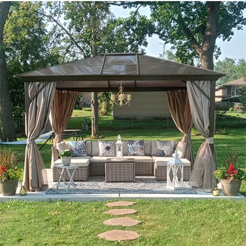 YOLENY 10'x13' Hardtop Gazebo, Outdoor Polycarbonate Double Roof Canopy, Aluminum Frame Permanent Pavilion with Curtains and Netting
