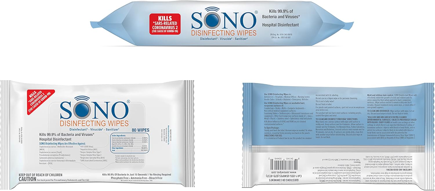 SONO Disinfecting Wipes - Medical-Grade, Alcohol-Free, No Bleach Disinfectant Wipes - Multi-Surface Antibacterial Cleaning Wipes for School, Home