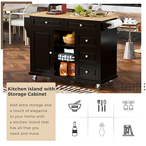 53.5''Farmhouse Kitchen Island with Power Outlet, Kitchen Storage Island with Drop Leaf, Spice Rack and Drawer, Rolling Kitchen Cart on Wheels