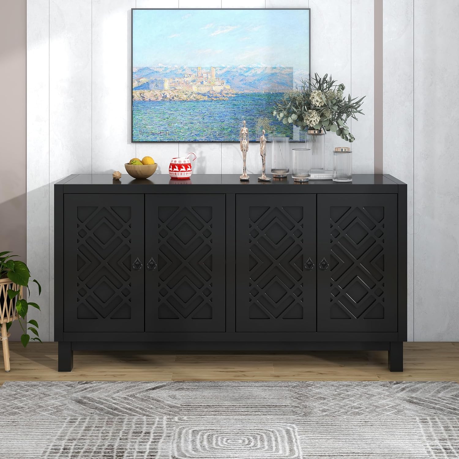 Elegant Storage Cabinet Sideboard,4 Door Buffet Cabinet with Pull Ring Handles,Large Storage Space, Versatile Cabinet for Living Room