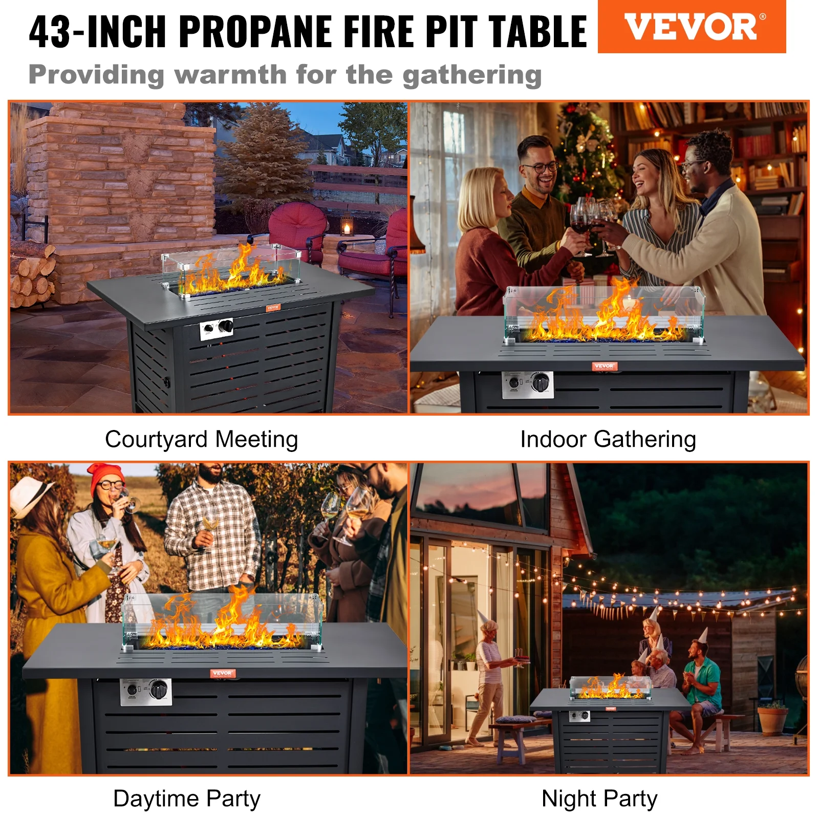 BENTISM 43" Outdoor Propane Gas Fire Pit Table 50000 BTU w/ Glass Tabletop & lid