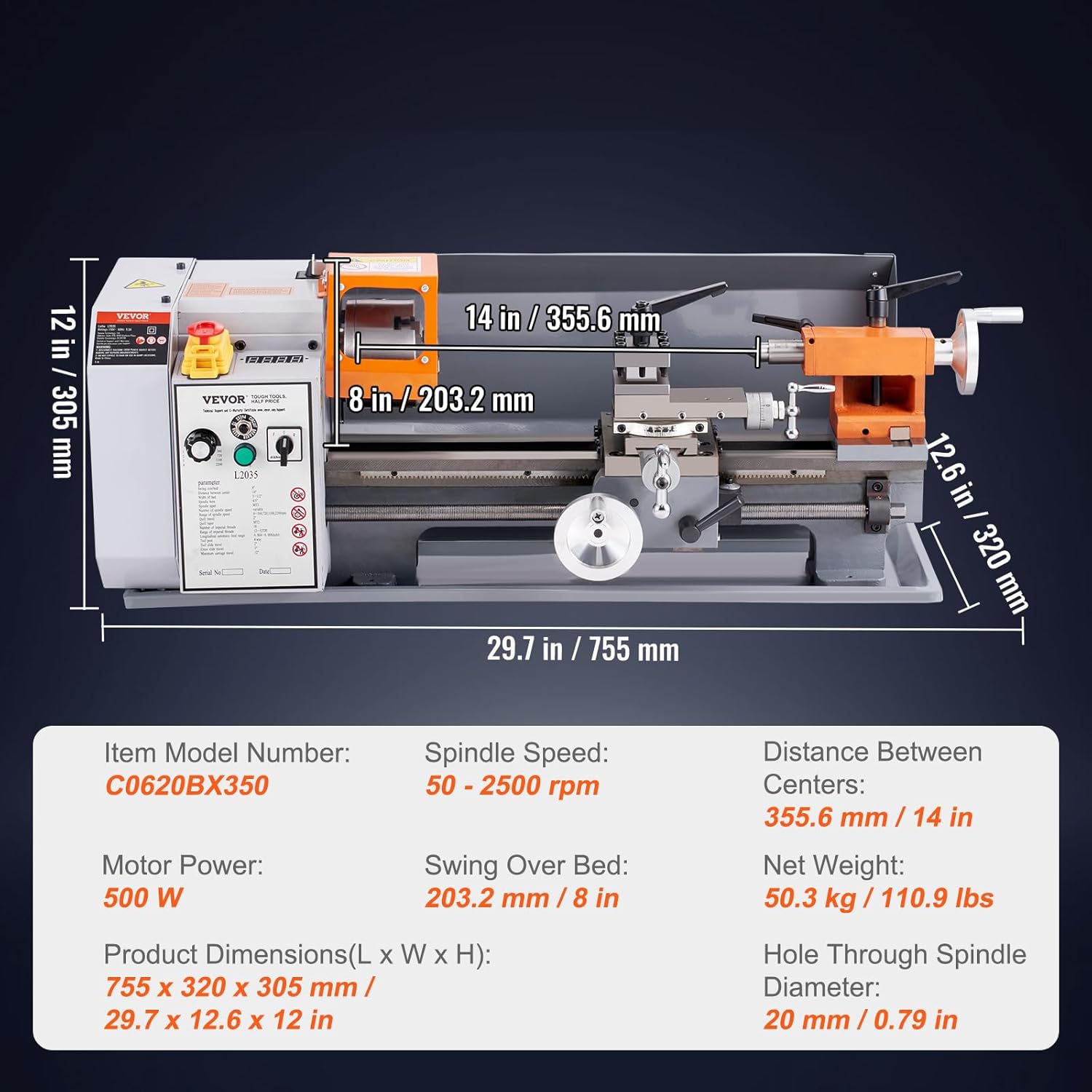 VEVOR Metal Lathe Machine, 7.87'' x 13.78'', Precision Benchtop Power Metal Lathe, 50-2500 RPM Continuously Variable Speed