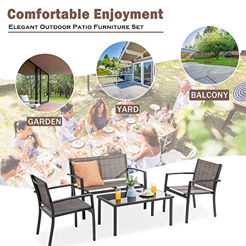 Vongrasig 4 Pieces Patio Furniture Sets,Outdoor Patio Conversation Sets with Glass Coffee Table, Small Porch Balcony Furniture