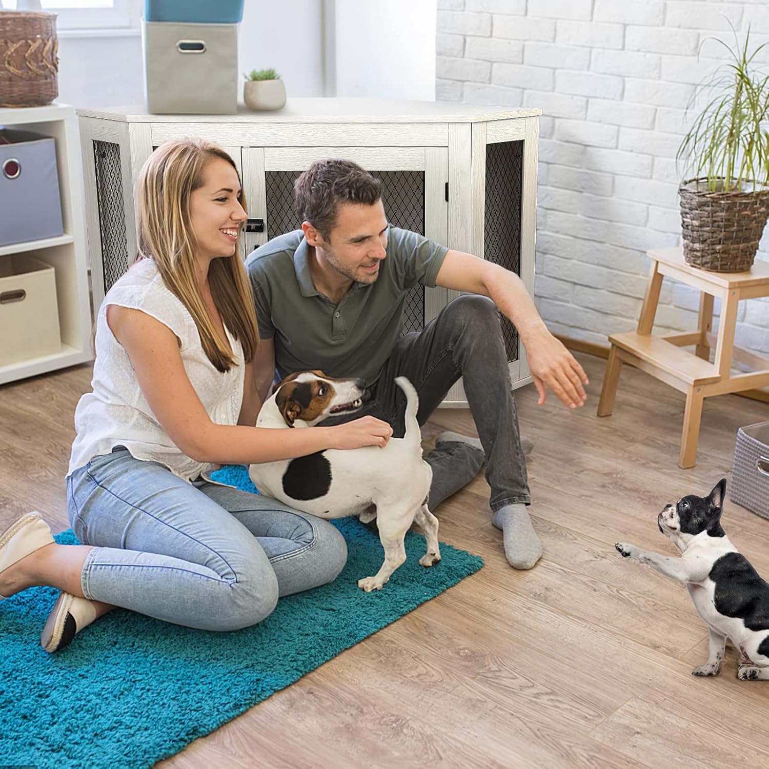 OFIKA Corner Dog Crate Furniture, Wooden Corner Dog Kennel Side End Table with Metal Mesh