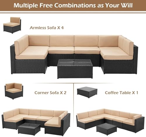 U-MAX 7 Piece Outdoor Patio Furniture Set, PE Rattan Outdoor Wicker Sectional Furniture Chair Set with Cushions and Tea Table