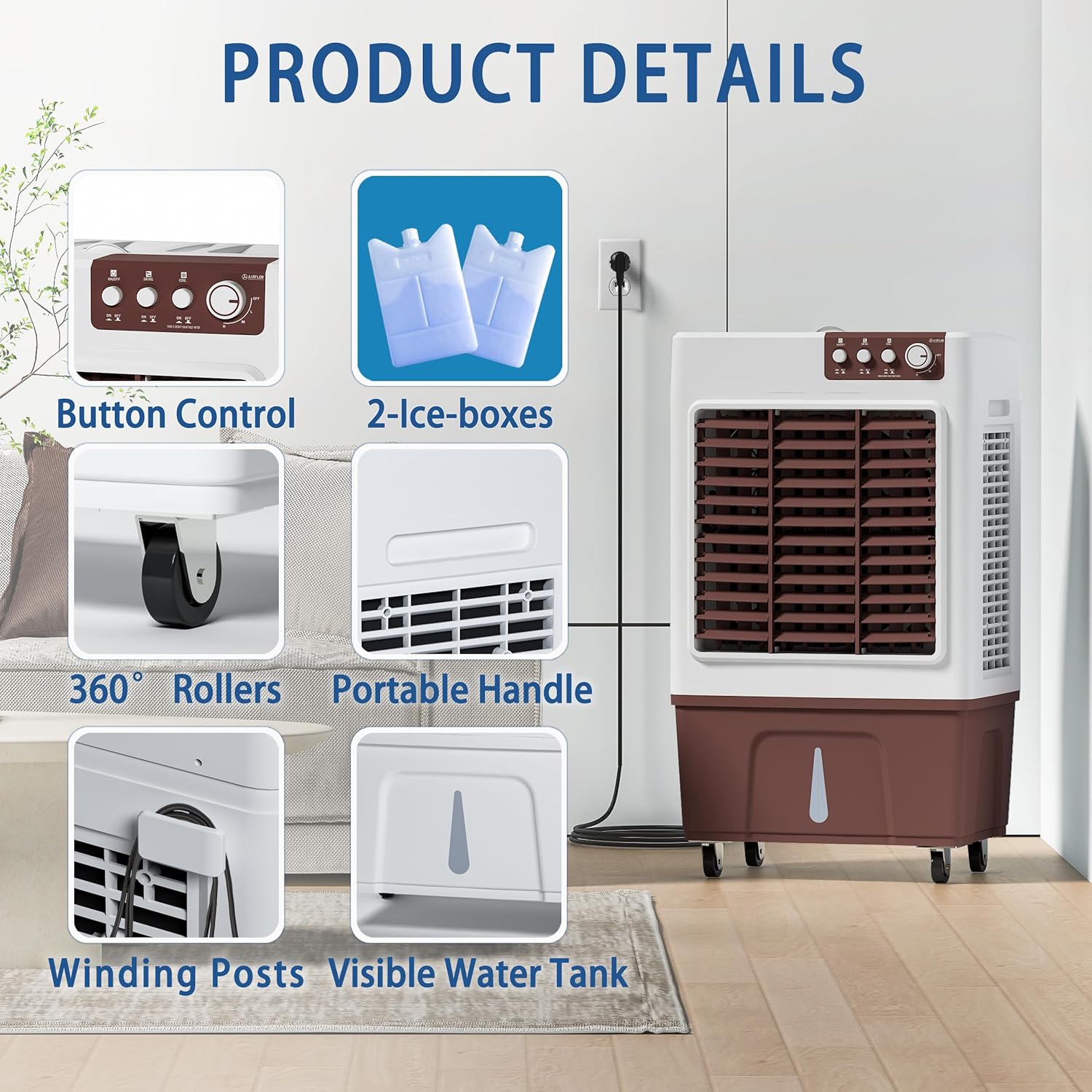 Evaporative Cooler, 3500CFM Evaporative Air Cooler with 8 Gal Large Tank, 130°Oscillation Swamp Cooler Air Conditioner with Push Button, 2 Ice Packs