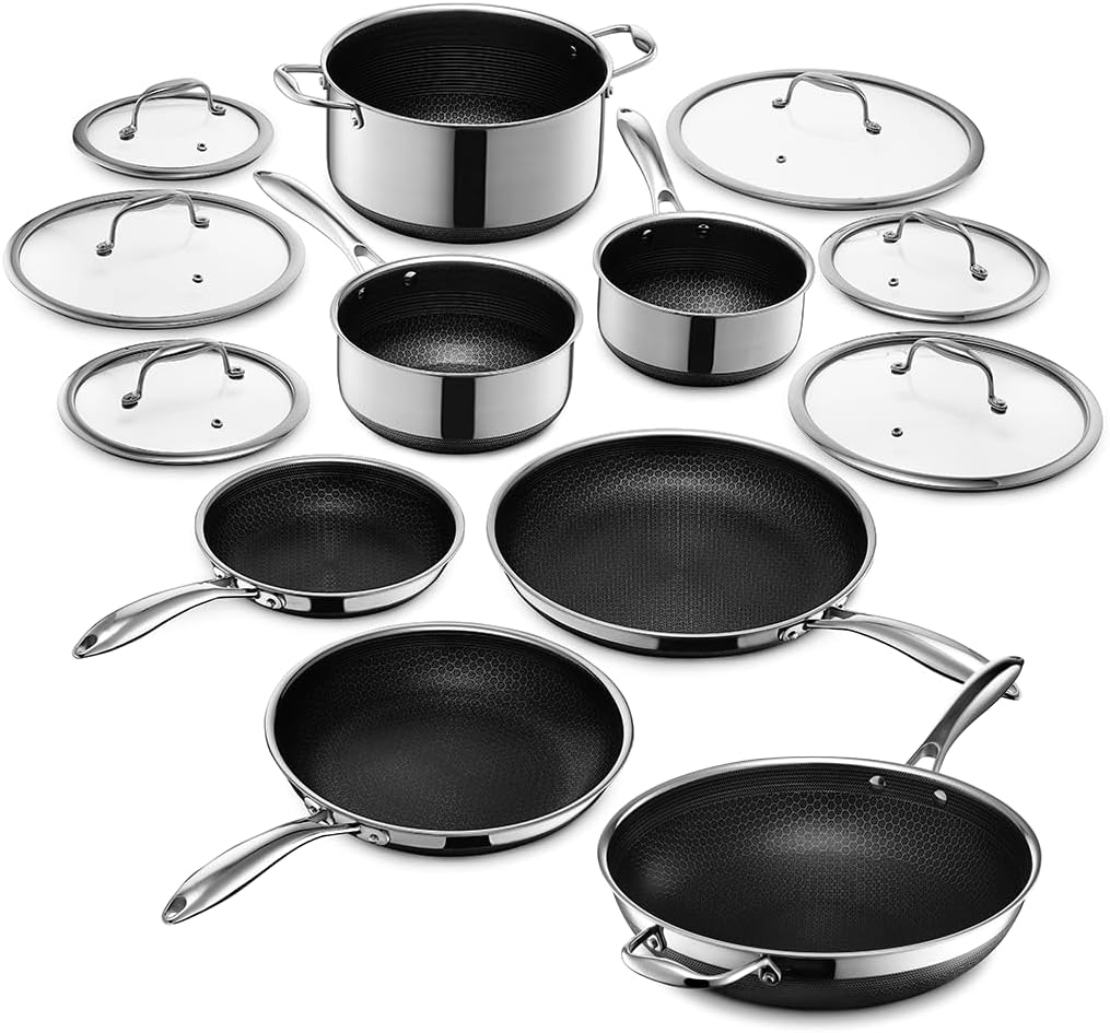 HexClad 13 Piece Hybrid Stainless Steel Cookware Set - 6 Piece Frying Pan Set, 6 Piece Pot Set, 12 Inch Wok, Dishwashing and Oven Safe