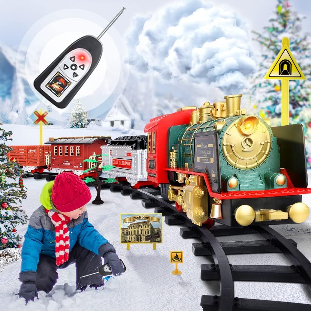 Remote Control Train Set - Electric R/C Train Toy for Kids w/ Smokes,Lights & Sound,Railway Kits w/ Steam Locomotive Engine,Cargo Cars & Tracks