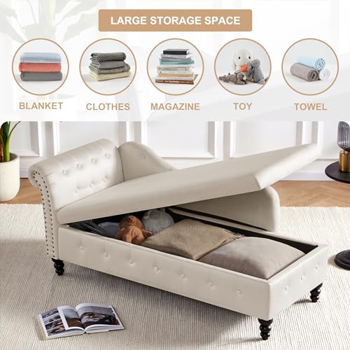 Tufted Velvet Chaise Lounge Indoor with Storage, Button Tufted Chaise with Nailhead Trim