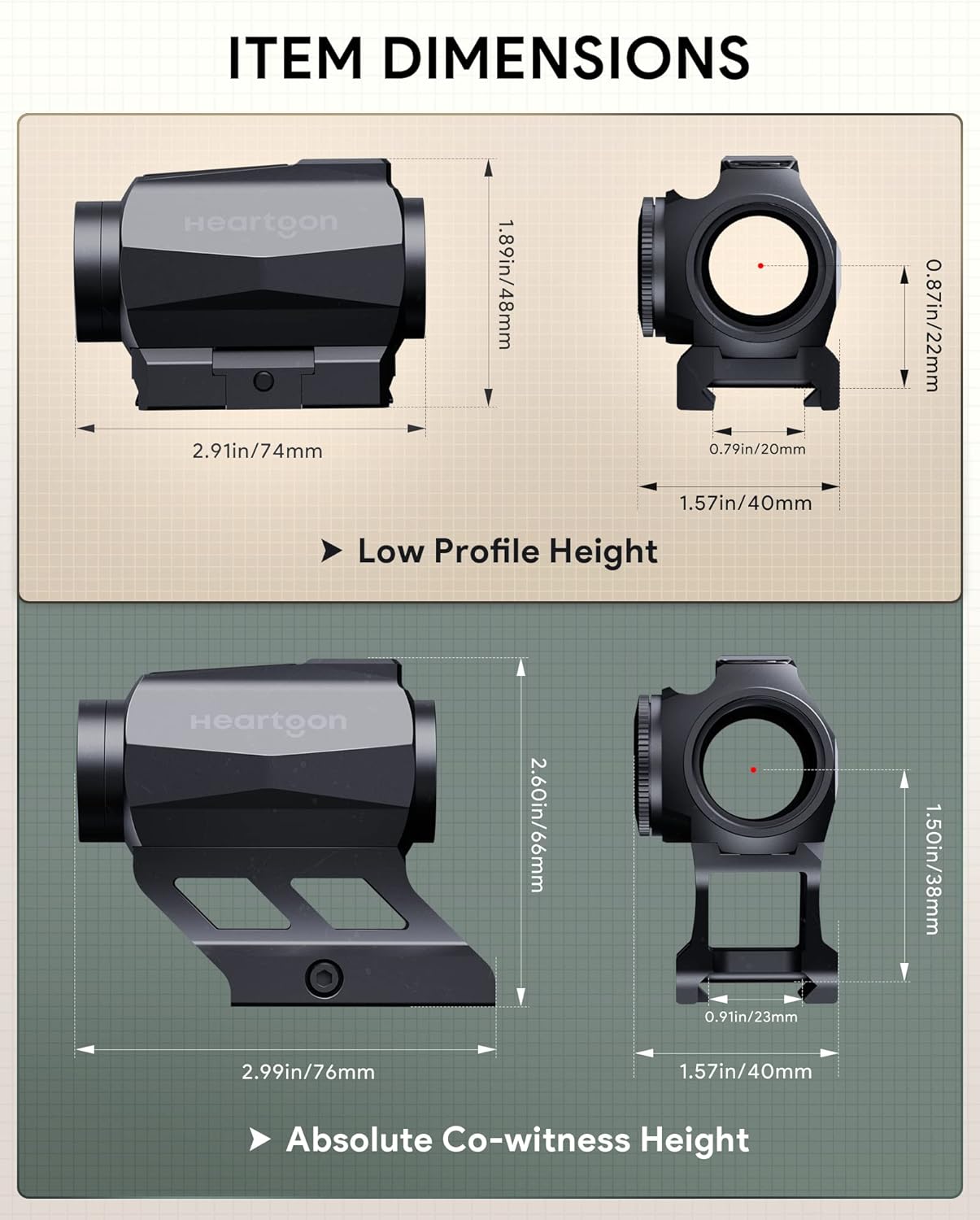 Heartgon Red Dot Sight, 1x21mm 2 MOA Red Dot Scope Auto-Off and Motion Awake with Absolute Co-Witness Riser, 10 Brightness Button Settings