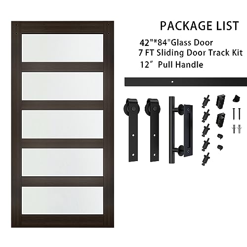 BARNSMITH 42in x 84in Glass Barn Door with 7FT Sliding Door Hardware Kit Included & Handle