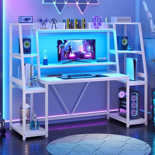 SEDETA Gaming Desk 78.8'' with LED Lights, Hutch and Storage Shelves, Computer Desk with Monitor Stand, Large PC Gamer Desk Workstation