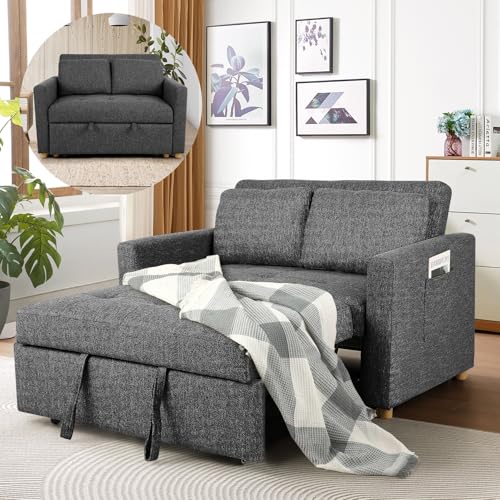 SEJOV 3-in-1 Convertible Sofa Bed, Linen Fabric Sleeper Couch Pull Out Bed, 49" 2-Seater Loveseat Futon Sofa with Spring Support