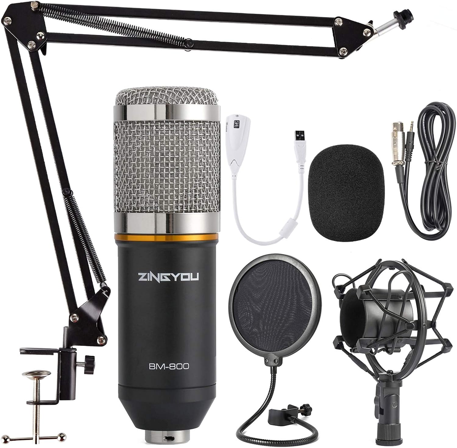 ZINGYOU Condenser Microphone Bundle, BM-800 Mic Kit with Adjustable Mic Suspension Scissor Arm