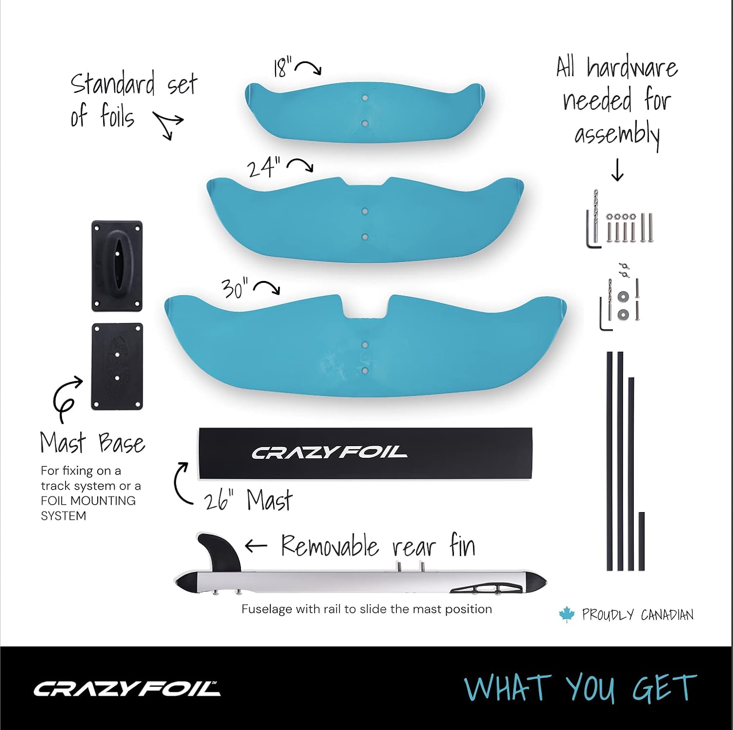 Crazy Foil Jet Slide Hydrofoil, Made for NO Track System Boards, Versatile & Easy to Assemble Hydrofoil. Best for Kite