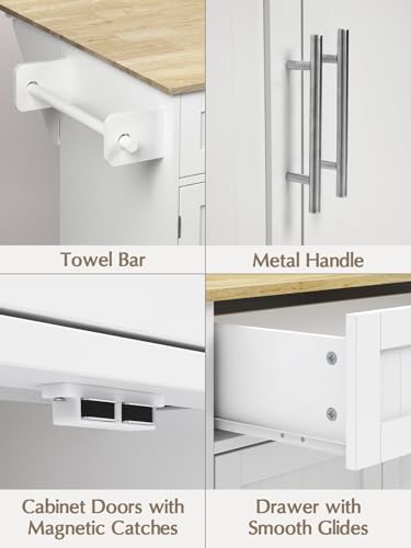 Kitchen Island with Storage, 31.5" D Rolling Kitchen Island Cart on Wheels with Widen Drop Leaf Rubberwood Top